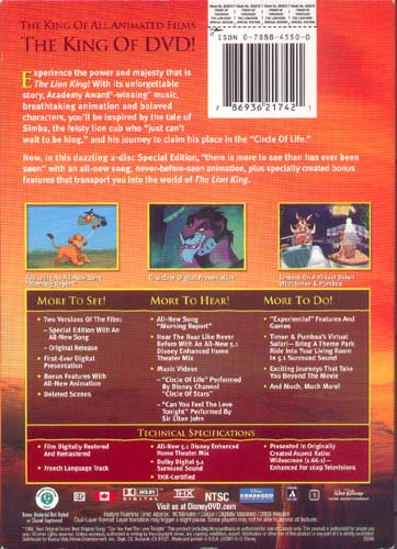 The Lion King Special Edition DVD Back Cover